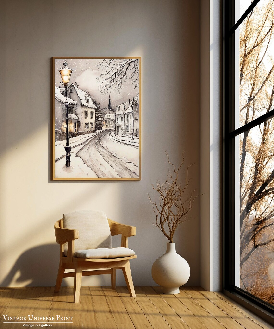Snowy Village Street Glowing Lamppost Vintage Winter Evening Poster - Image 2