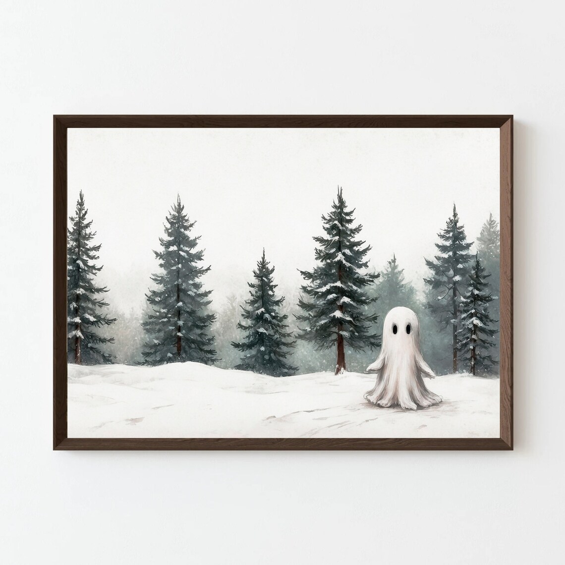 Ghost in Snowy Pine Forest Minimalist Winter Scene Art Print - Image 4
