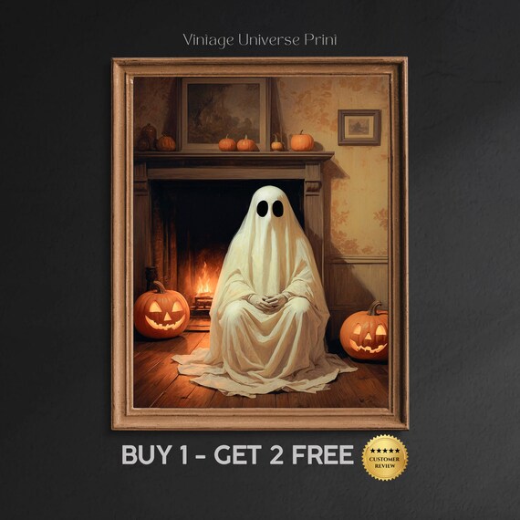 Ghost Sitting By A Glowing Fireplace Surrounded By Jack O Lanterns Art Print