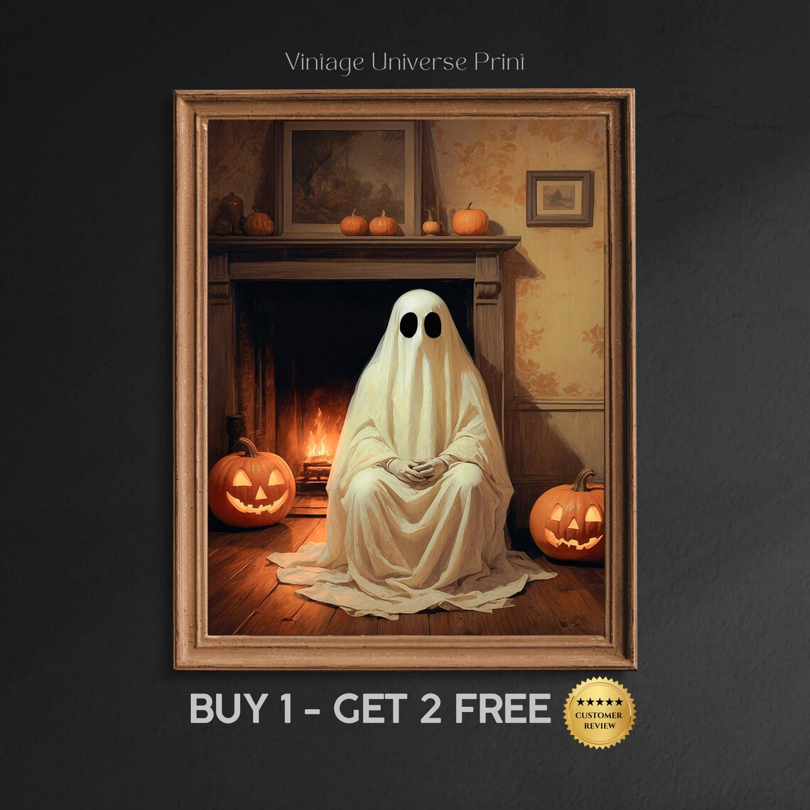 Ghost Sitting By A Glowing Fireplace Surrounded By Jack O Lanterns Art Print