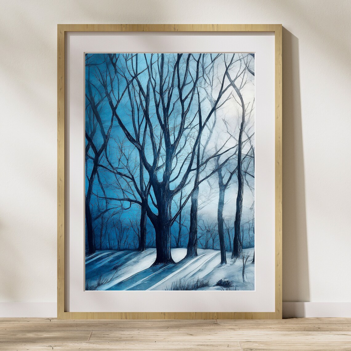 Bare Trees Blue Winter Sky Snowy Ground Moody Woodland Poster - Image 3
