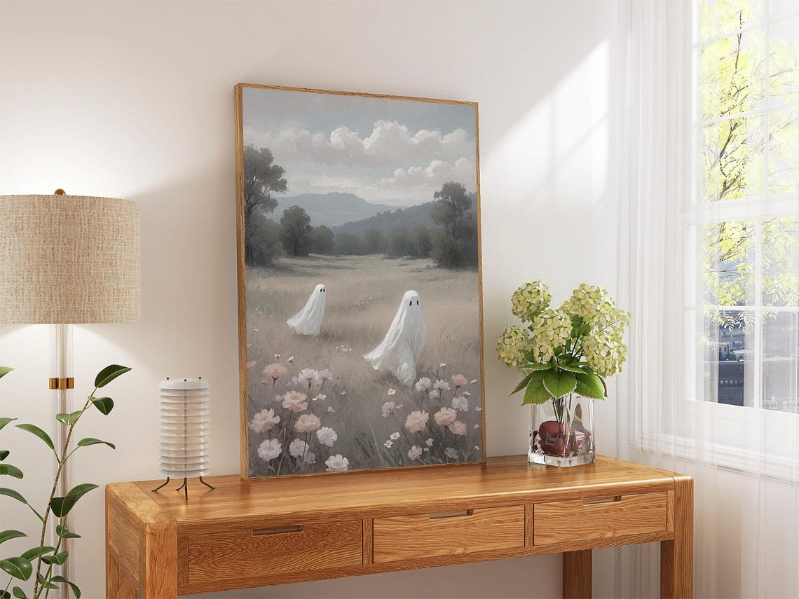 Two Ghosts In Flower Meadow With Hills Cute Halloween Poster - Image 4