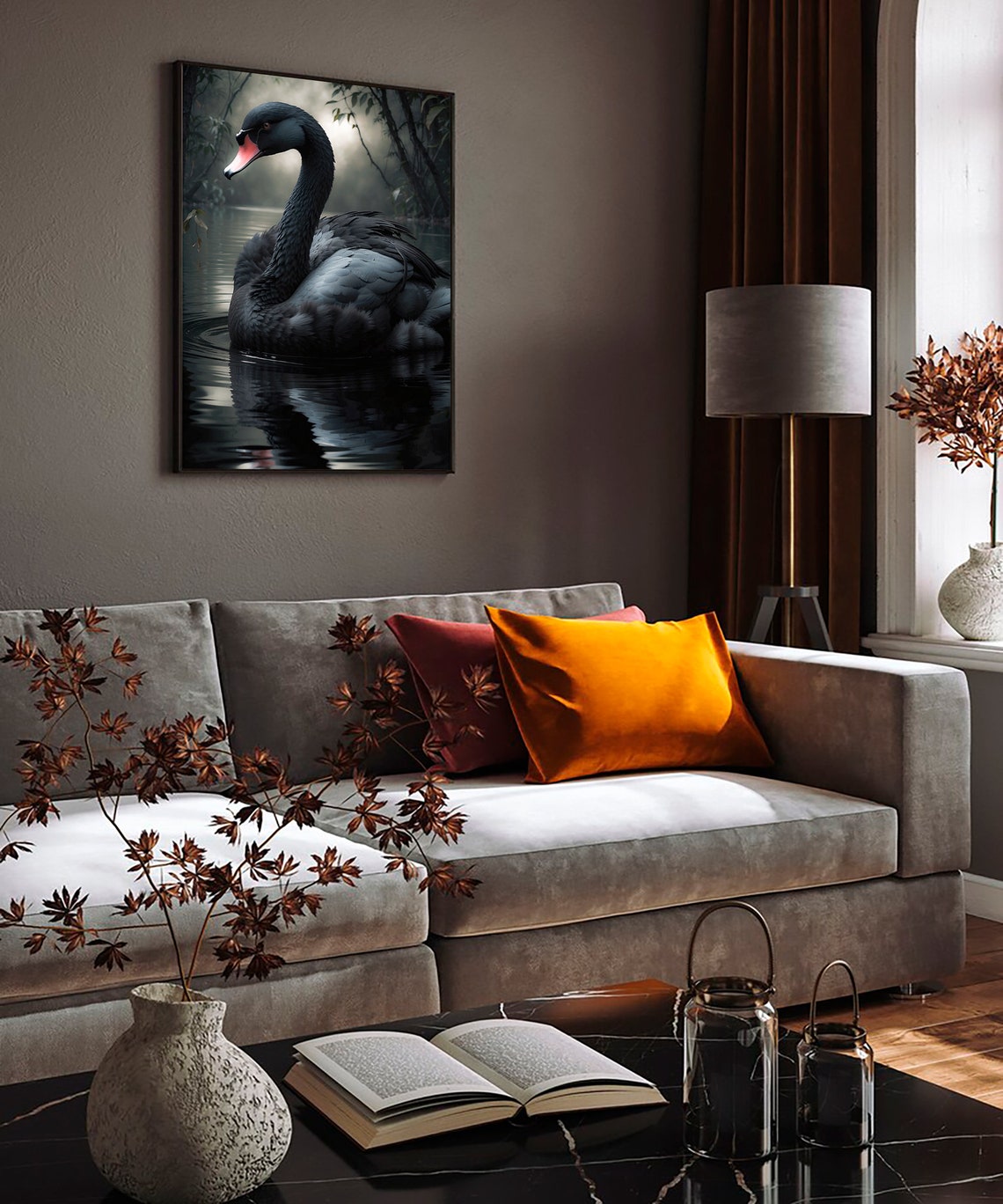 Black Swan Painting Vintage Swan Print Black Lake Swan Print Dark Pond Painting Dark Moody Bird Print Dark Academia Wall Art - Image 2