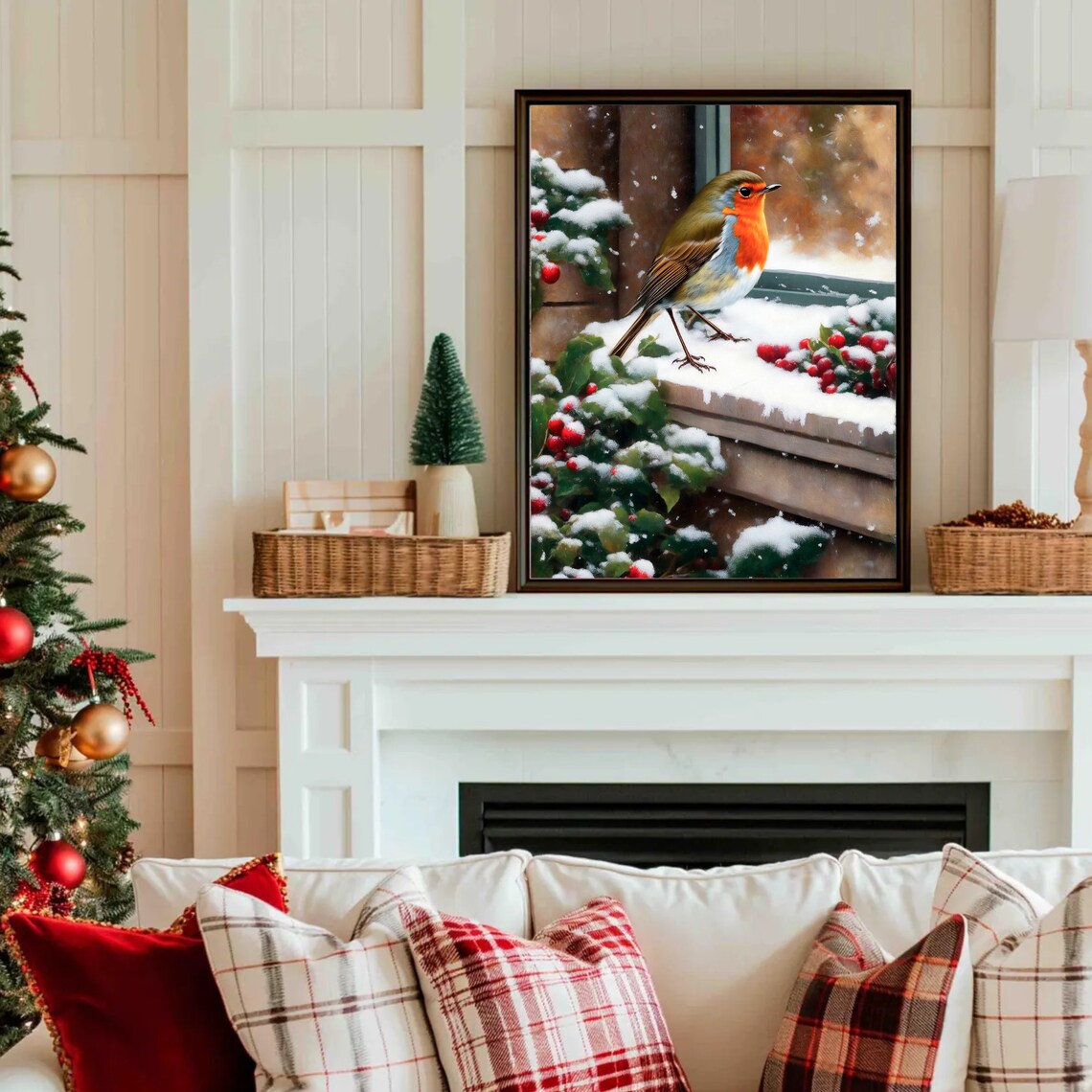 Robin Snowy Windowsill Red Berries Winter Bird Portrait Poster - Image 4
