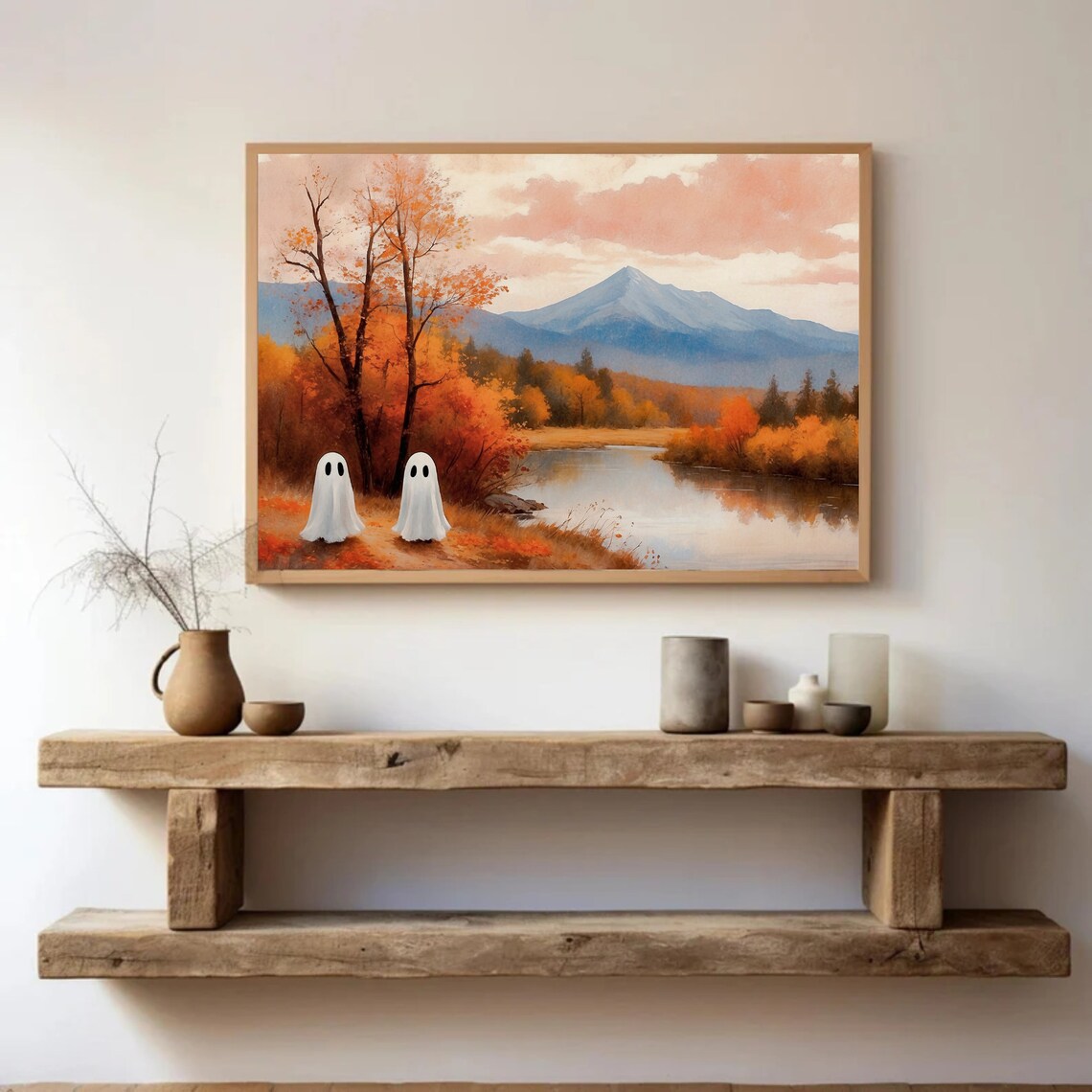 Two Ghosts By A Mountain Lake In A Fiery Autumn Landscape Vintage Painting Poster - Image 4
