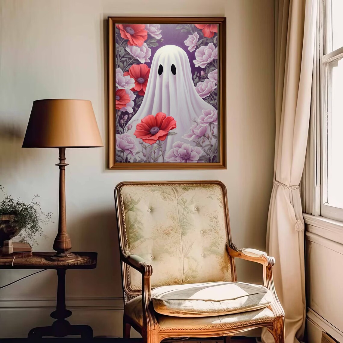 Sheet Ghost Peeking Through Red Poppies and Pink Blossoms Floral Poster - Image 2