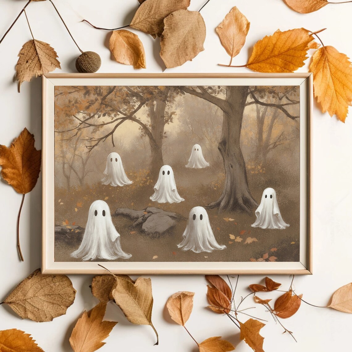 Six Cute Ghosts Gathering In Misty Autumn Forest Halloween Poster - Image 4