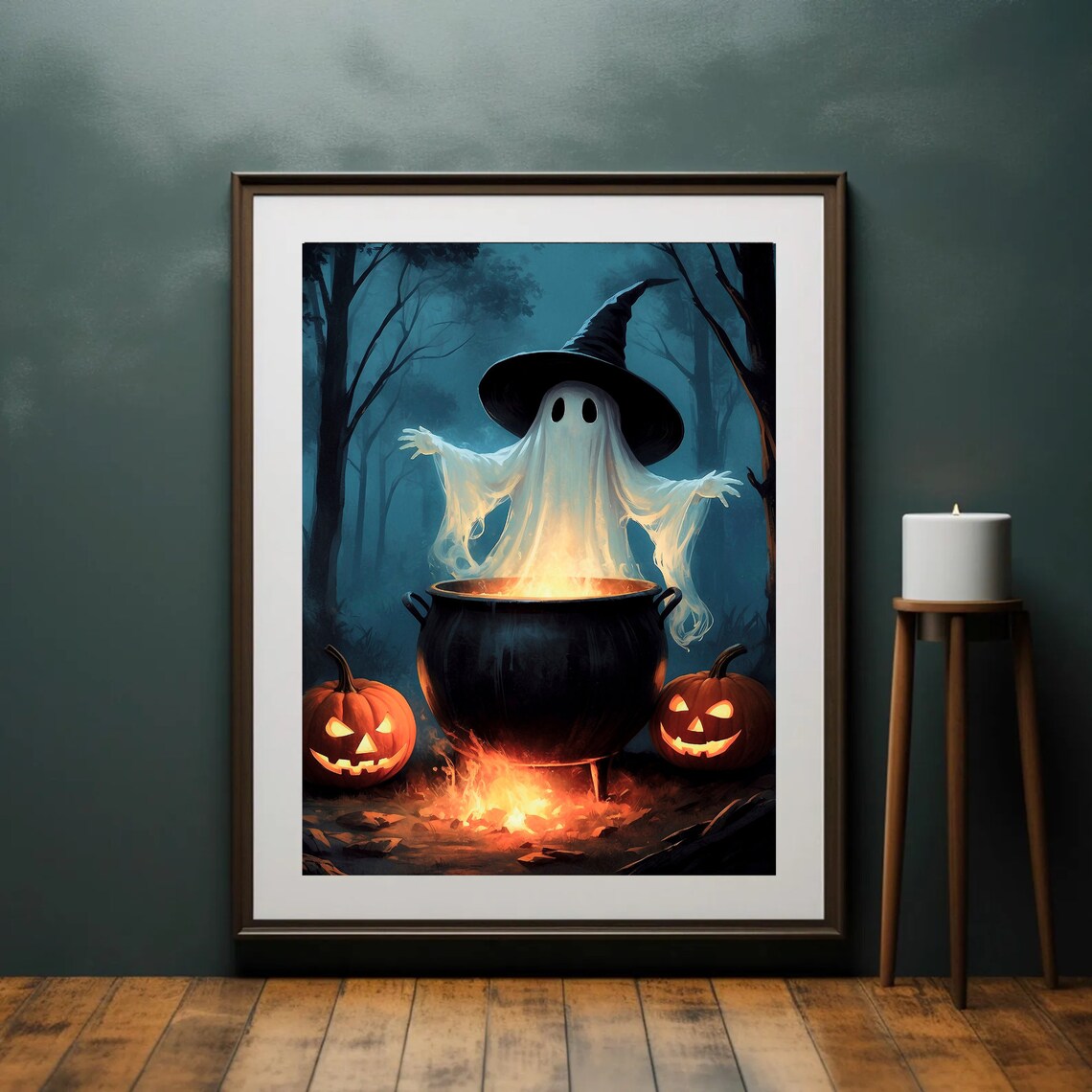 Witch Hat Ghost Brewing A Glowing Cauldron With Jack O Lanterns Halloween Art Print - Image 2