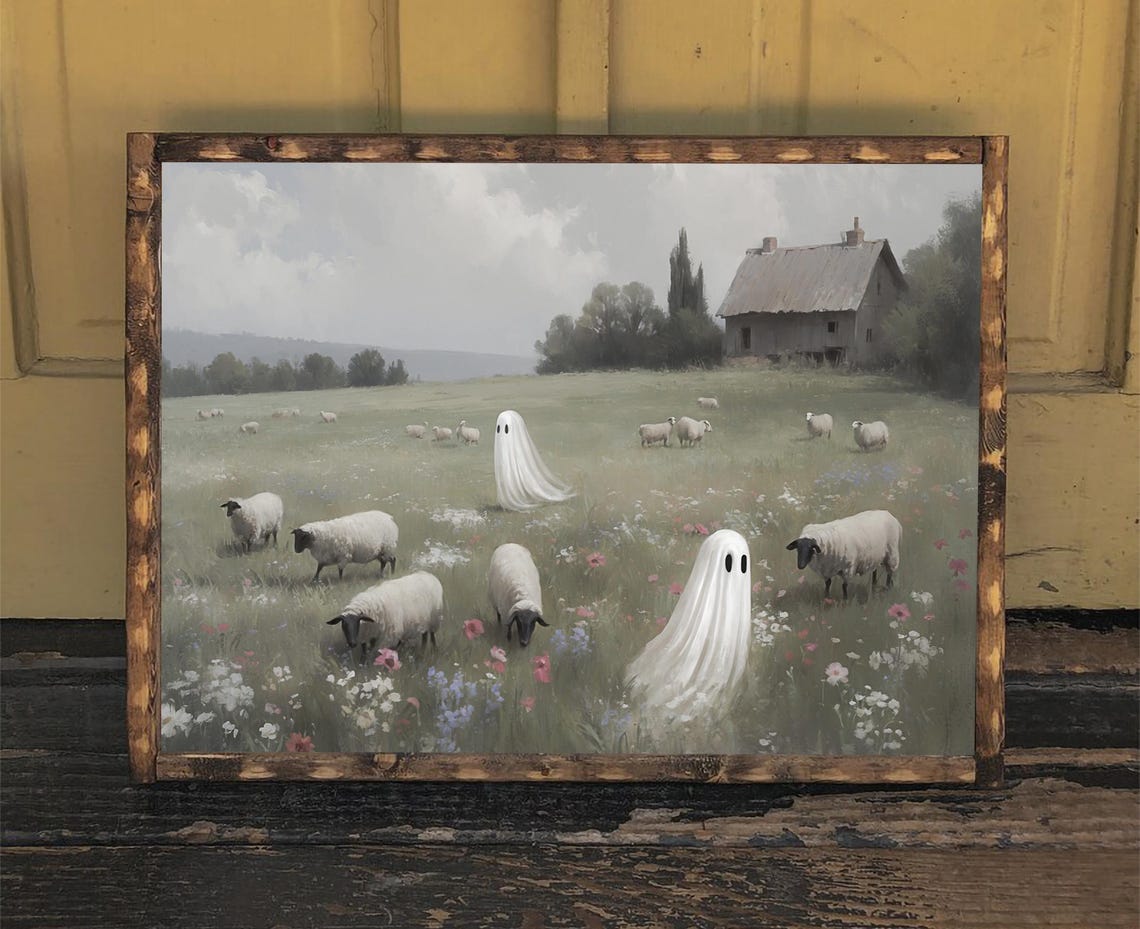 Two Ghosts With Sheep In Flower Meadow Cute Halloween Poster - Image 5