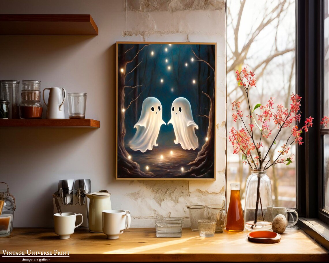 Couple Of Ghosts In The Moody Forest Fireflies Vintage Painting Little Ghost Art Print Halloween Wall Art Painting Dark Academia Decor - Image 2