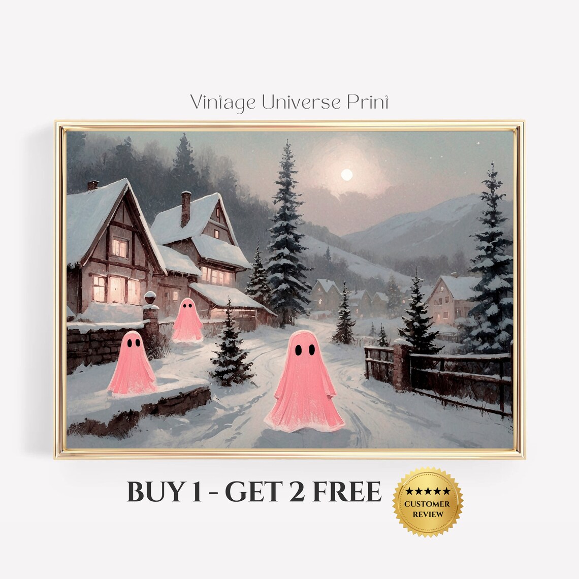 Three Pink Ghosts in Snowy Mountain Village Under Moonlight Print