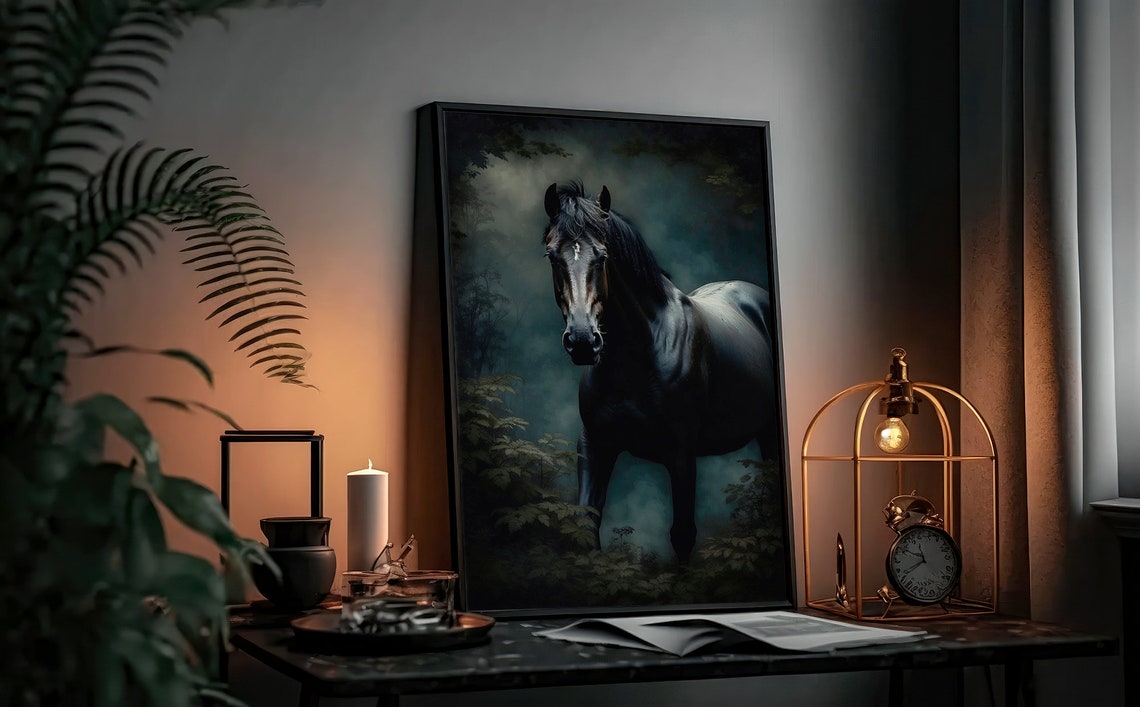 Antique Black Horse Wall Art Painting Dark Animal Print Dark Moody Rustic Landscape Vintage Farmhouse Artwork Oil Painting - Image 4