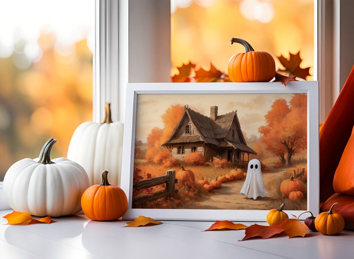 Little Sheet Ghost Beside Pumpkins At A Rustic Autumn Cabin Vintage Halloween Poster - Image 4