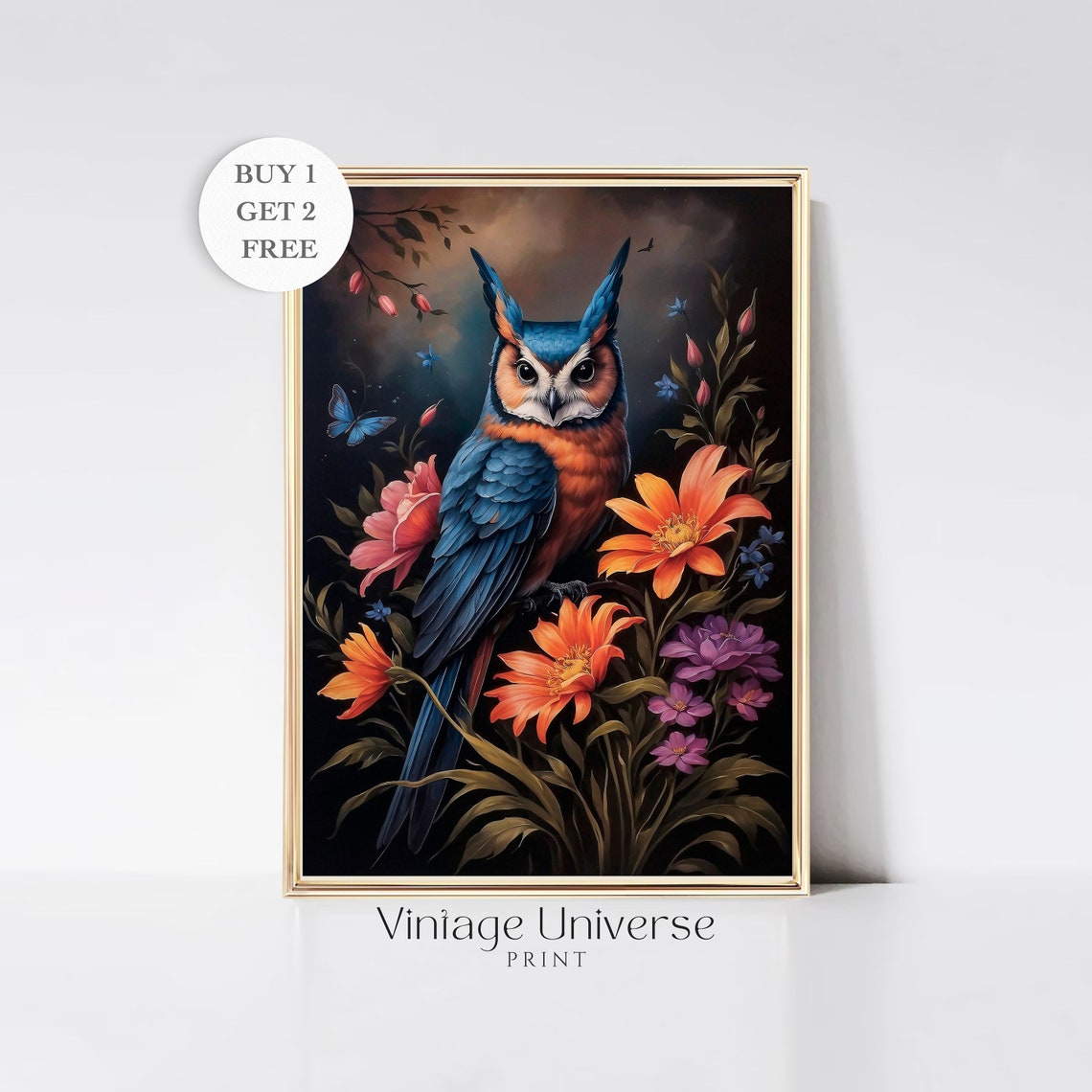 Blue Owl With Orange Breast Among Colorful Flowers On Black Poster
