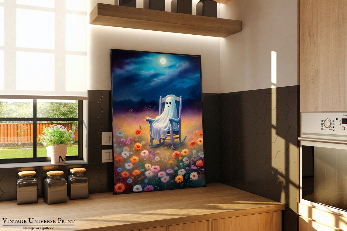 Smiling Ghost Rocking Chair Moonlit Wildflower Meadow Night Poster - Image 2