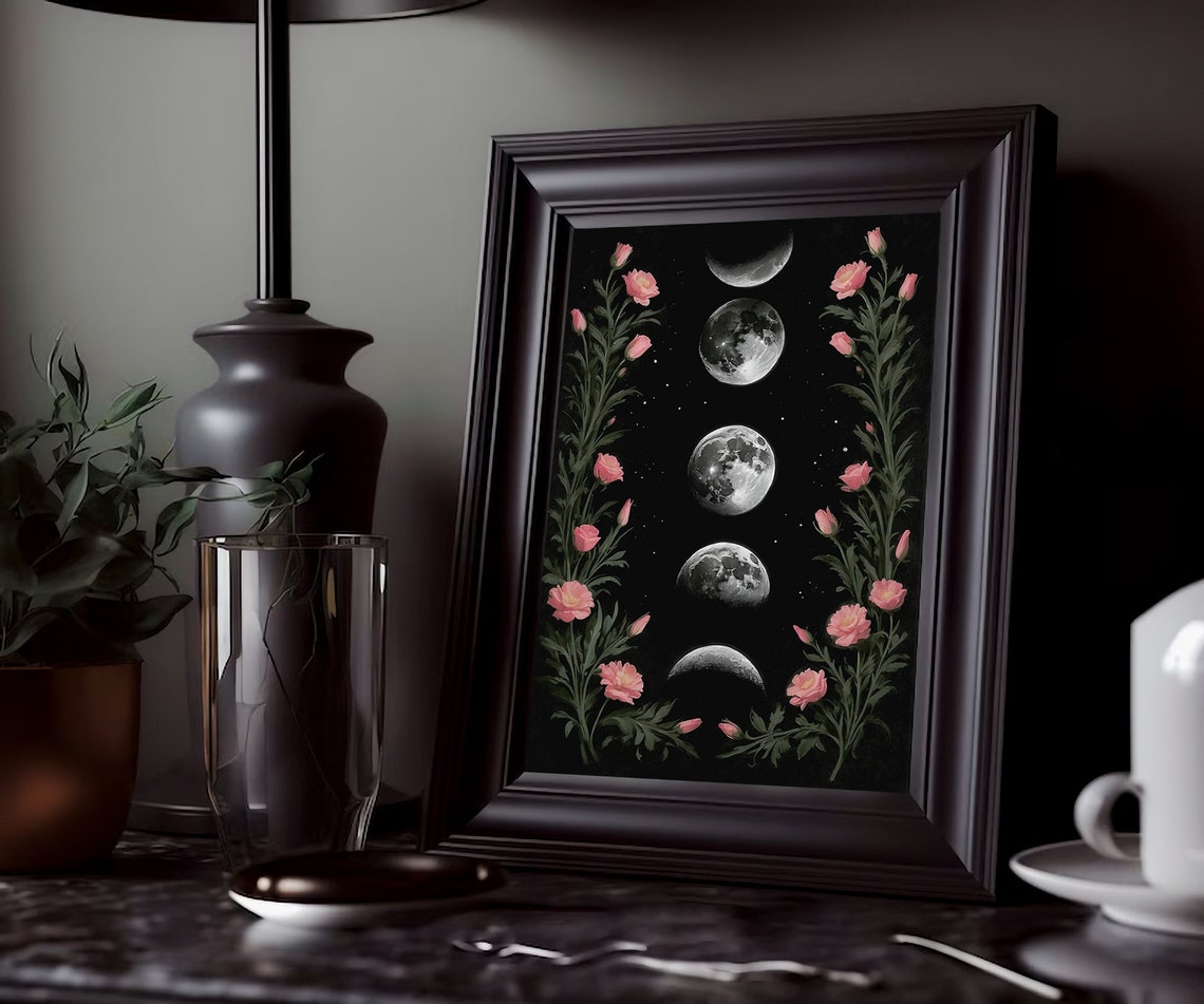 Moon Phases Vertical with Pink Blossoms on Black Celestial Art Print - Image 2