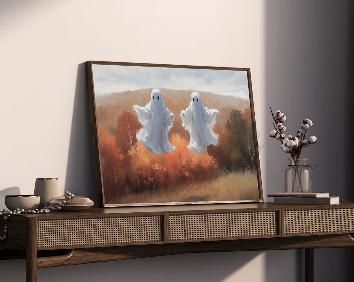 Two Floating Ghosts Over Orange Autumn Hills Fall Halloween Poster - Image 2