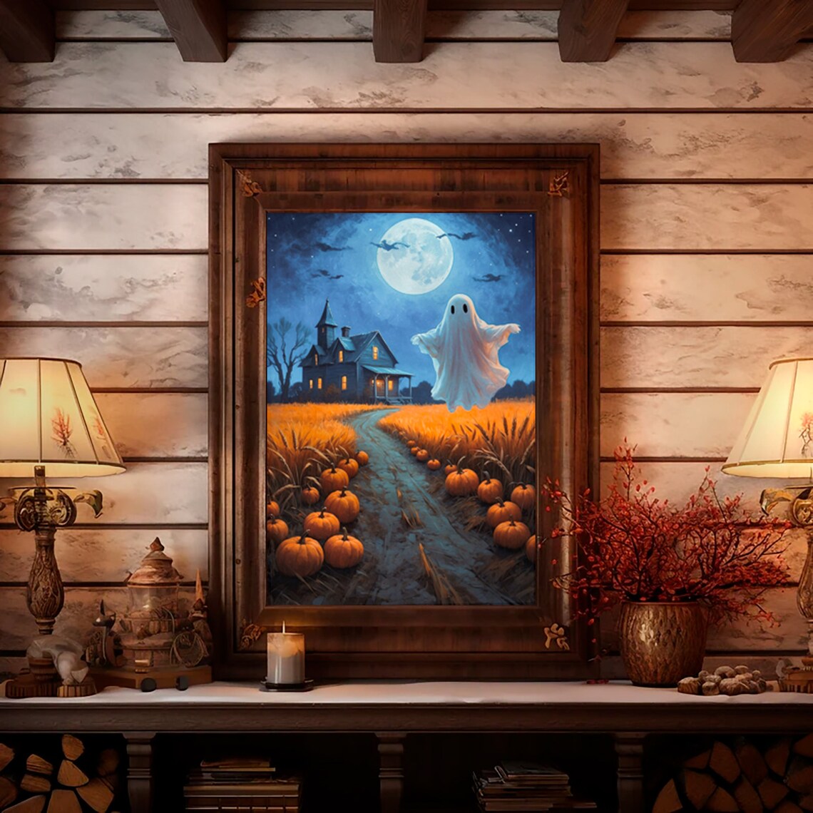 Cute Ghost Under Full Moon On Pumpkin Path By Old House Halloween Painting Poster - Image 2