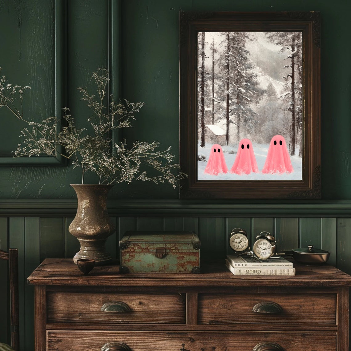 Three Pink Ghosts in Snowy Pine Forest Winter Holiday Scene Print - Image 2