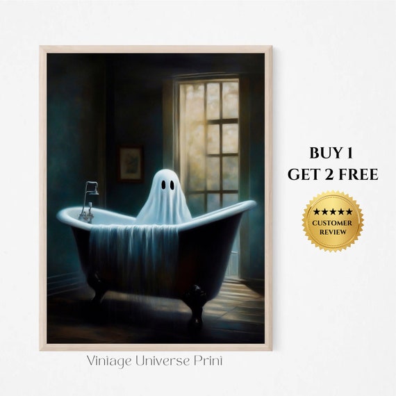 Ghost Bathroom Poster Ghost Standing In Bathroom Creepy Ghost In The Bathtub Dark Academia Print Ghost Print Gothic Painting