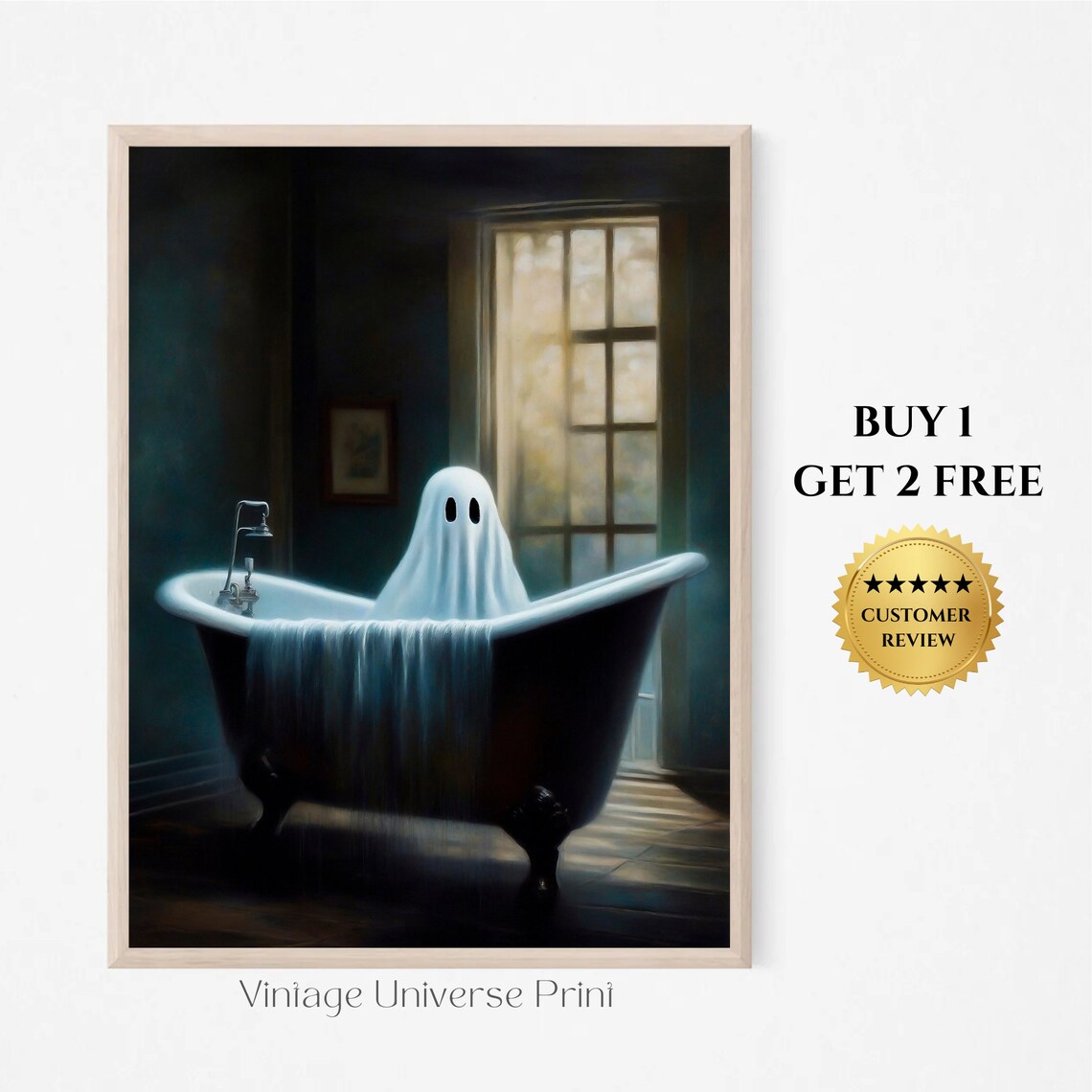 Ghost Sitting In An Overflowing Clawfoot Bathtub In Moody Bathroom Print