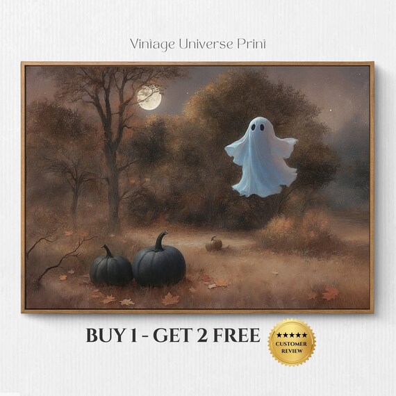 Ghost In Moody Fall Autumn Forest Landscape Vintage Oil Painting Pumpkin Patch Painting Spooky Country Halloween Decor Cottage Farmhouse