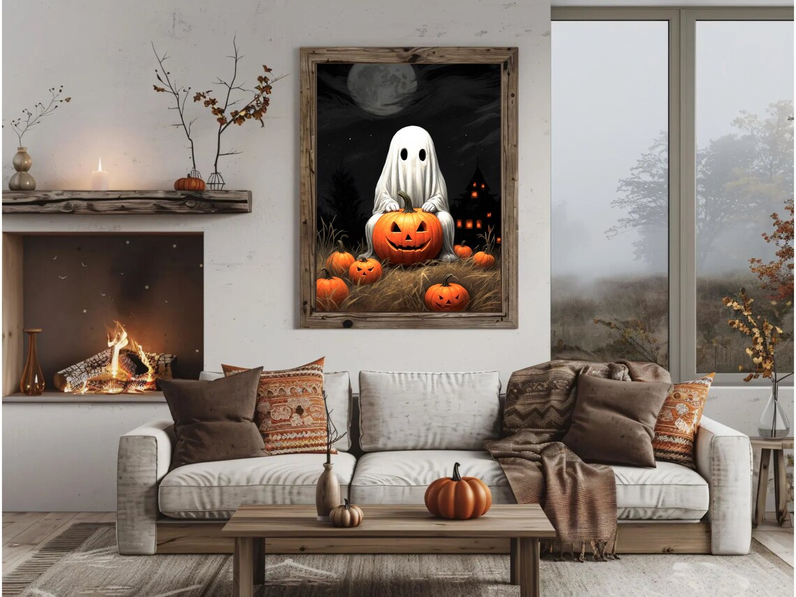 Ghost Hugging A Jack O Lantern By A Haunted House Under A Full Moon Art Print - Image 3