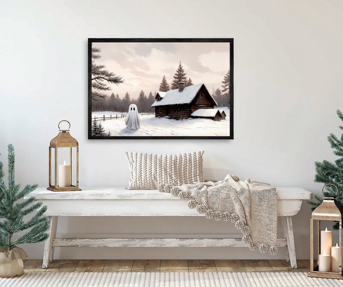 Ghost Beside Snowy Log Cabin at Dusk Rustic Winter Scene Print - Image 2