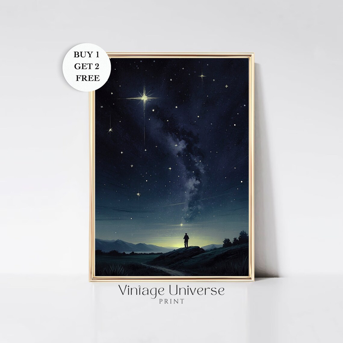 Lone Figure on Hill Under Bright Milky Way Starry Night Sky Wall Art
