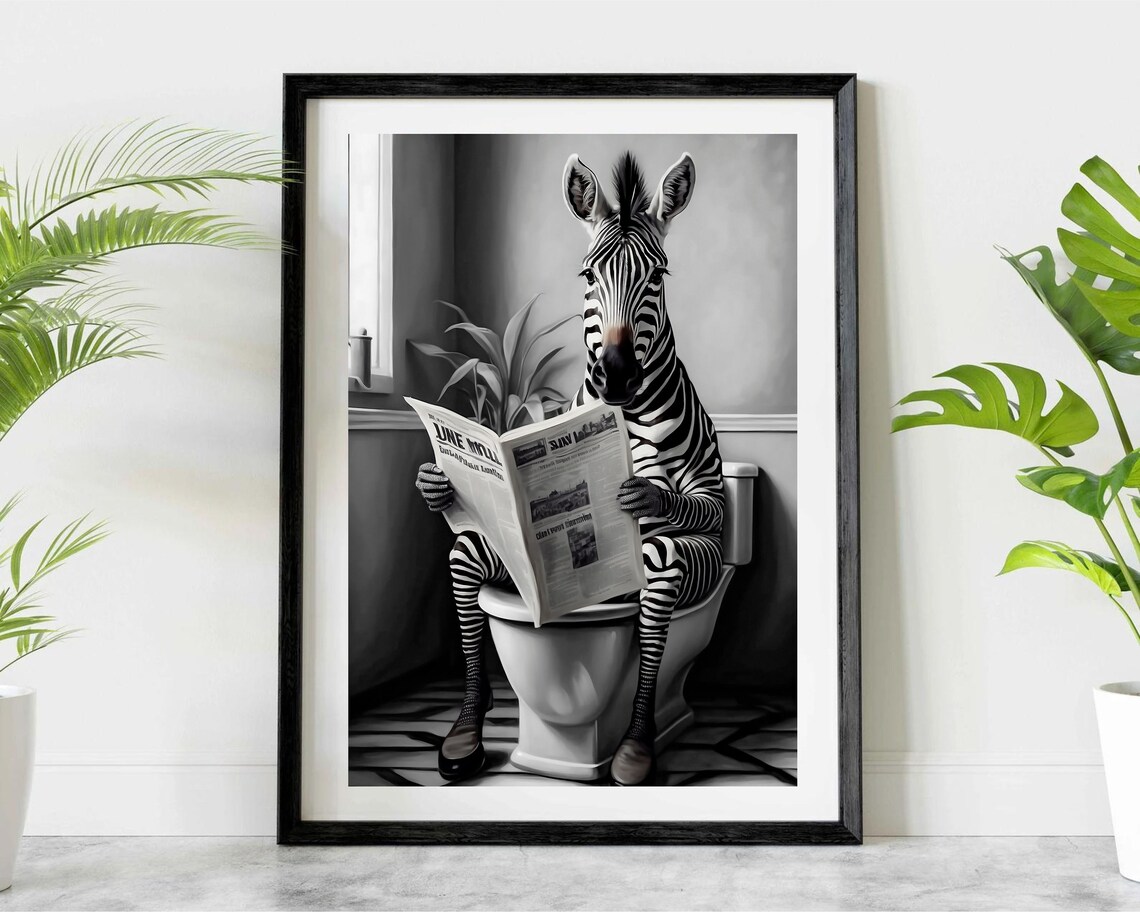 Zebra Reading Newspaper On The Toilet Black And White Poster - Image 3