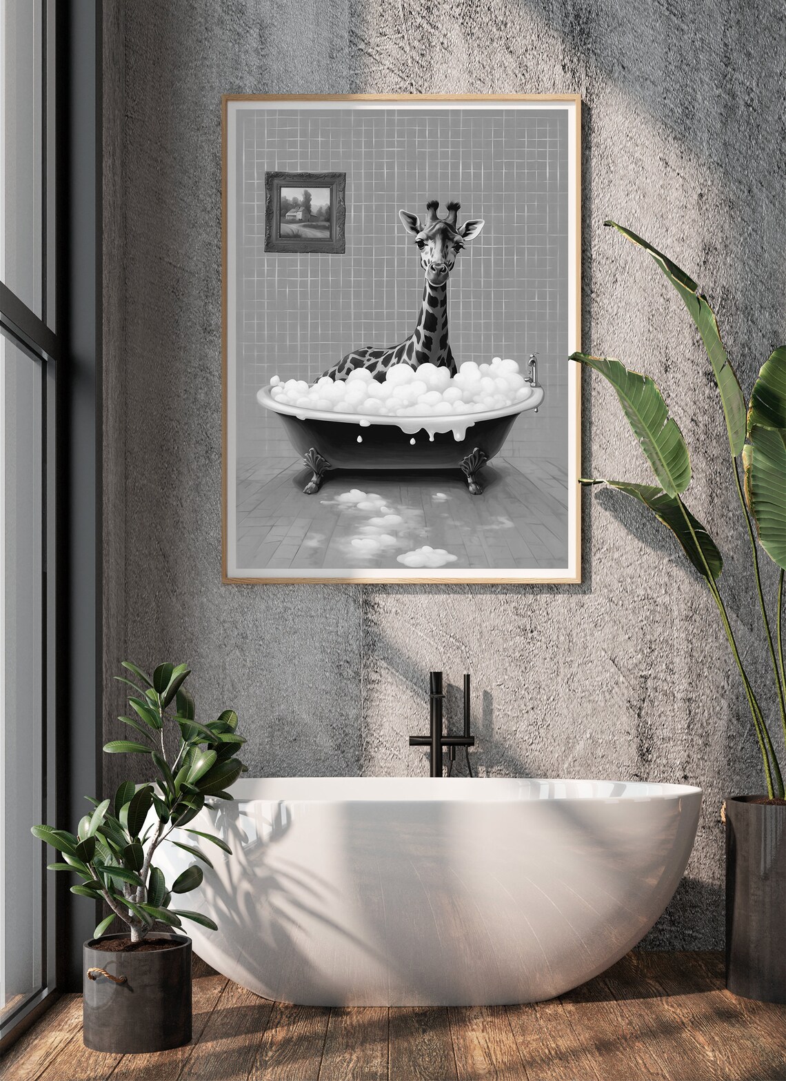 Giraffe Soaking In A Bubble Bath Black And White Funny Poster - Image 2