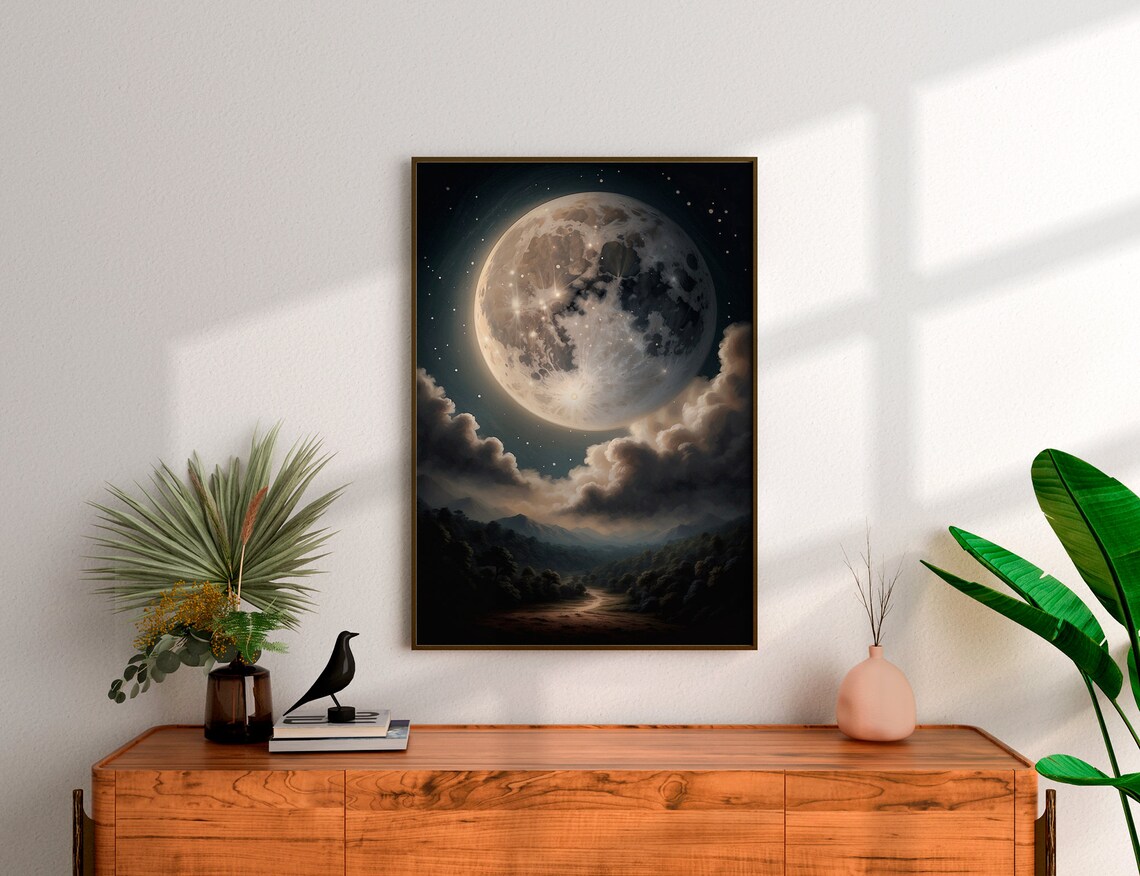 Giant Full Moon Over Mountains with Clouds and a Moonlit Valley Poster - Image 3