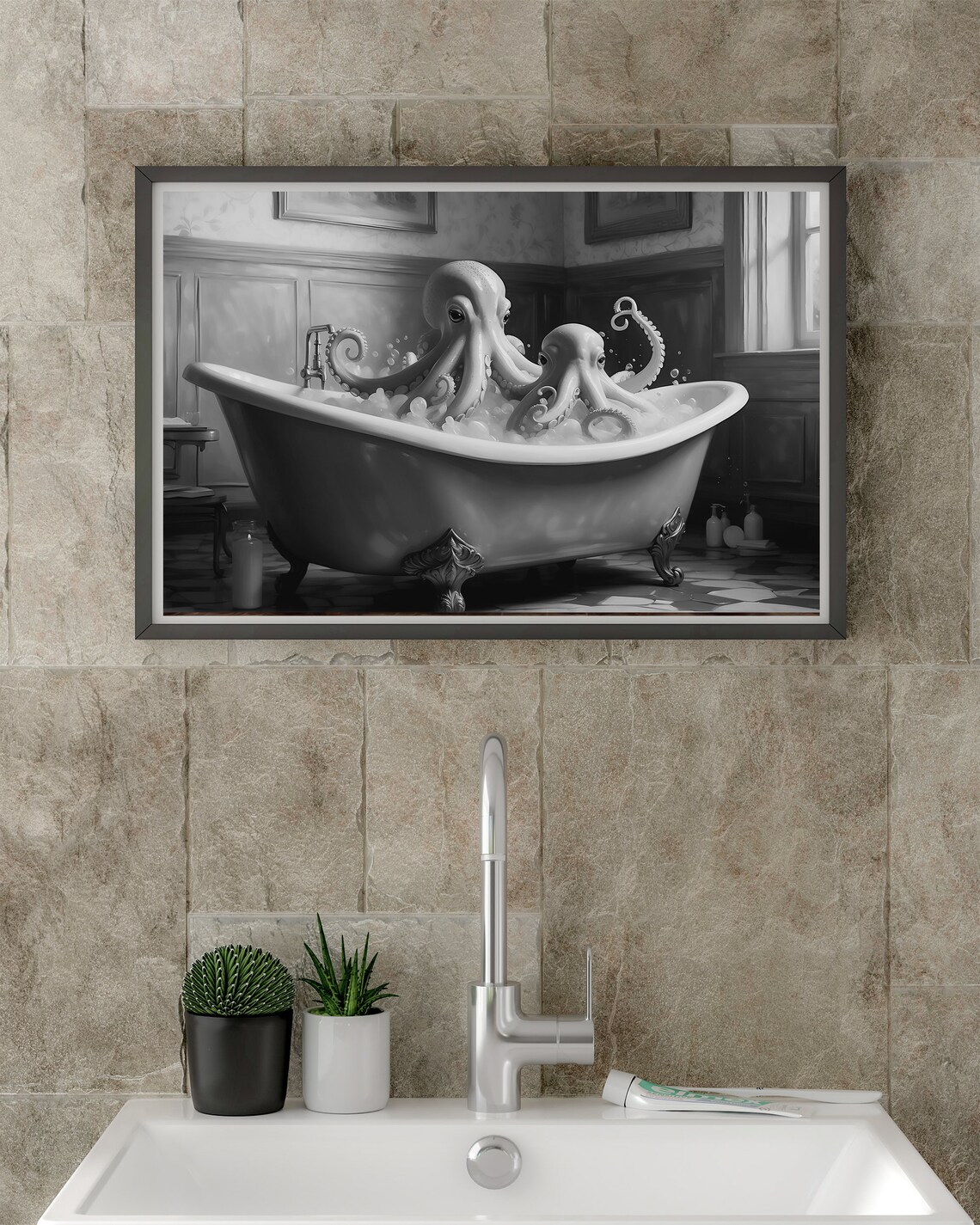 Octopus In Bathtub Print Octopus Wall Art Bathroom Wall Art Print Octopus Poster Bathroom Decor Bath Art Print Instant - Image 2