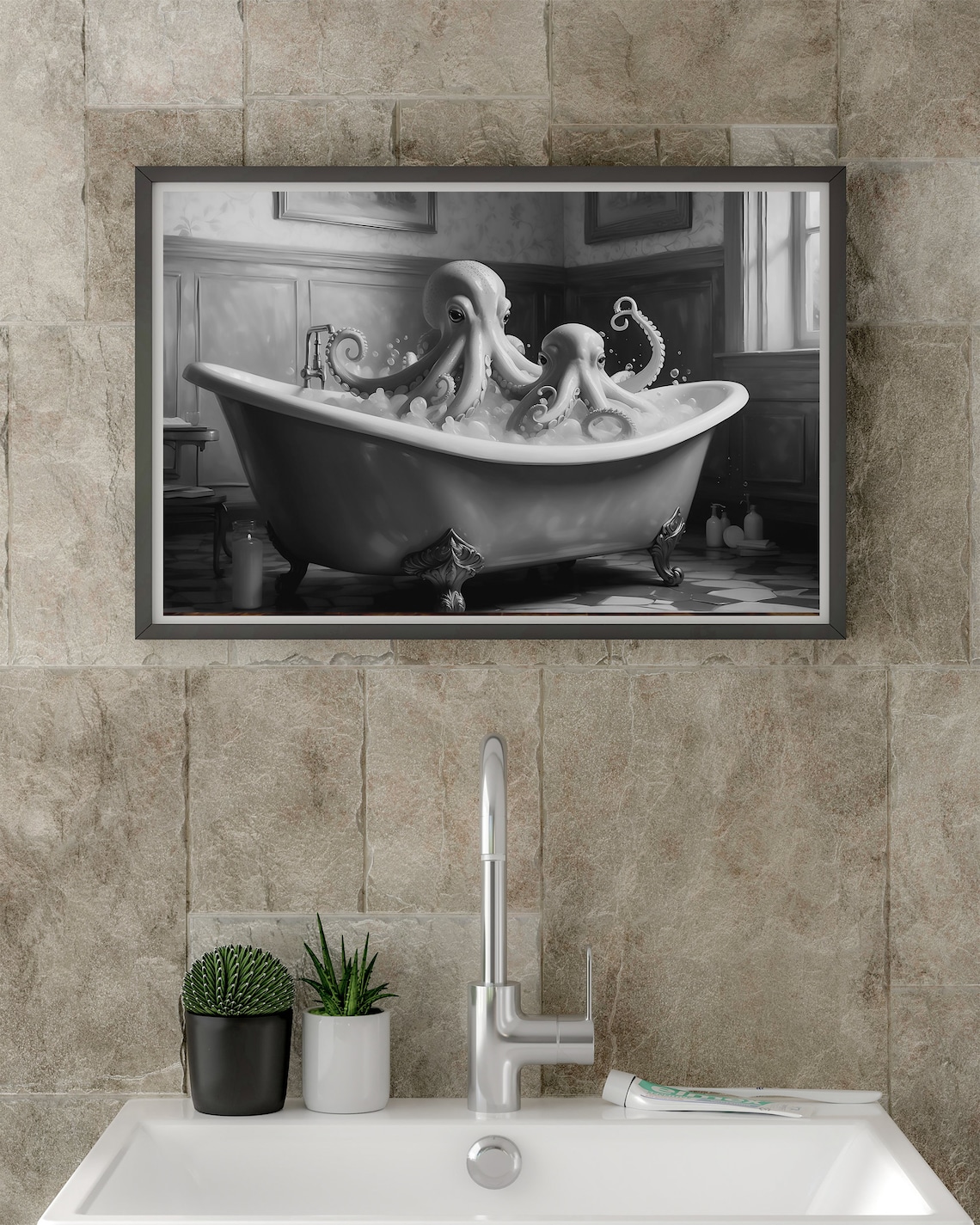 Two Octopuses in a Bathtub Black and White Classic Animal Art Print - Image 2
