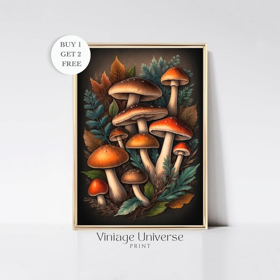 Moody Forest Mushrooms With Autumn Leaves Dark Botanical Poster