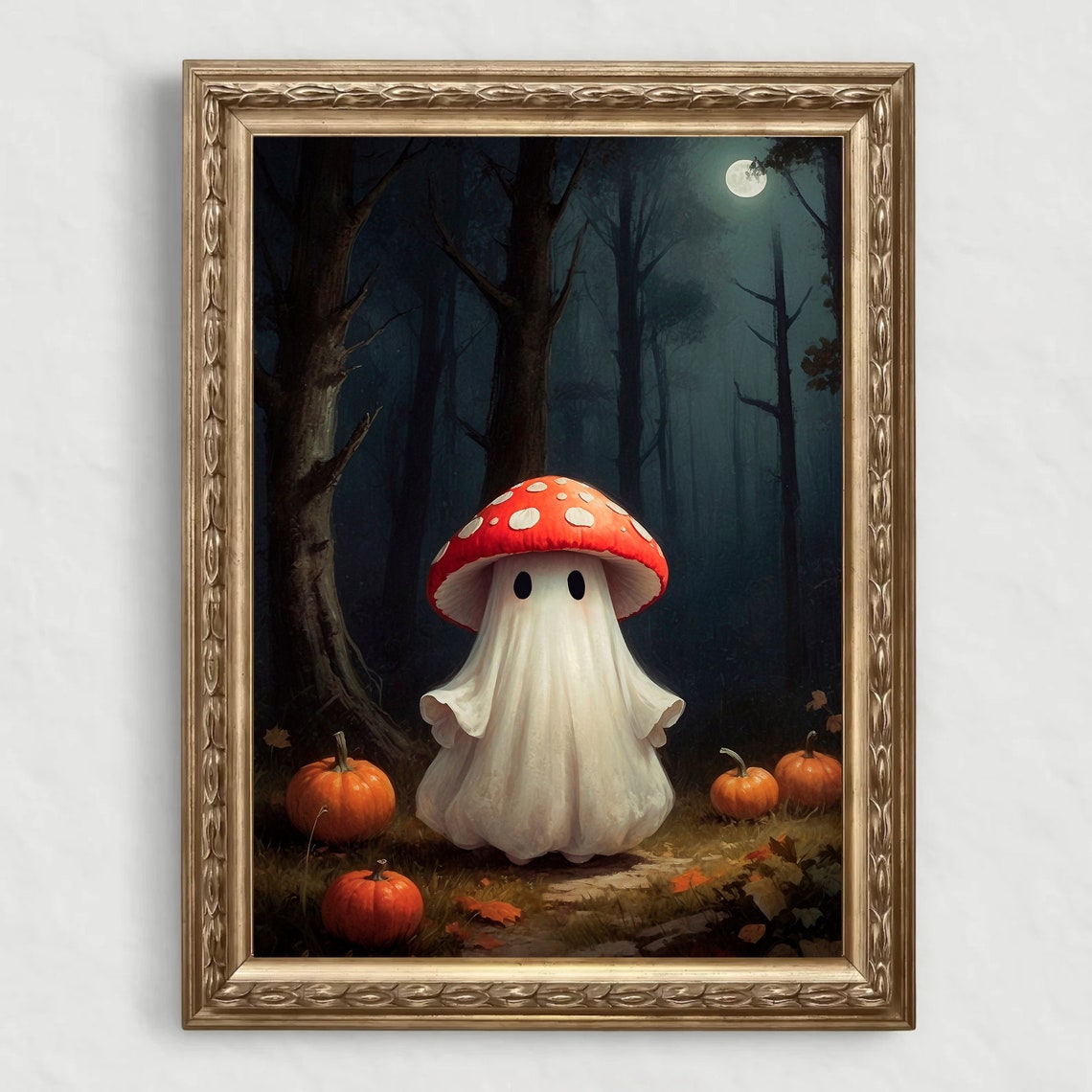Ghost Wearing Mushroom Cap Moonlit Forest Pumpkin Halloween Print - Image 4