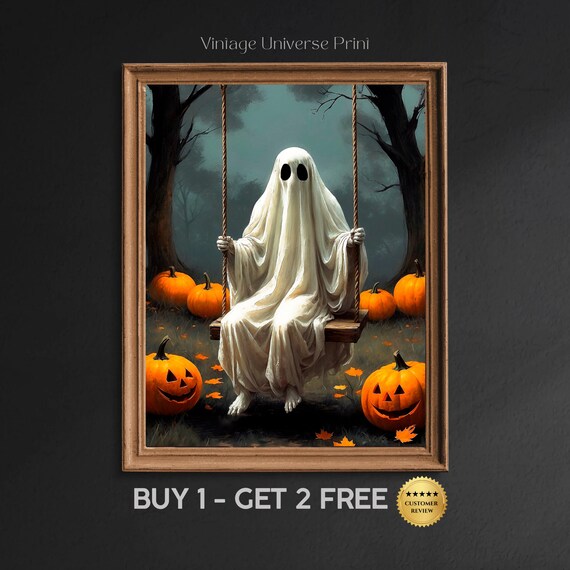 Ghost Sitting On A Tree Swing Surrounded By Jack O Lanterns Halloween Art Print