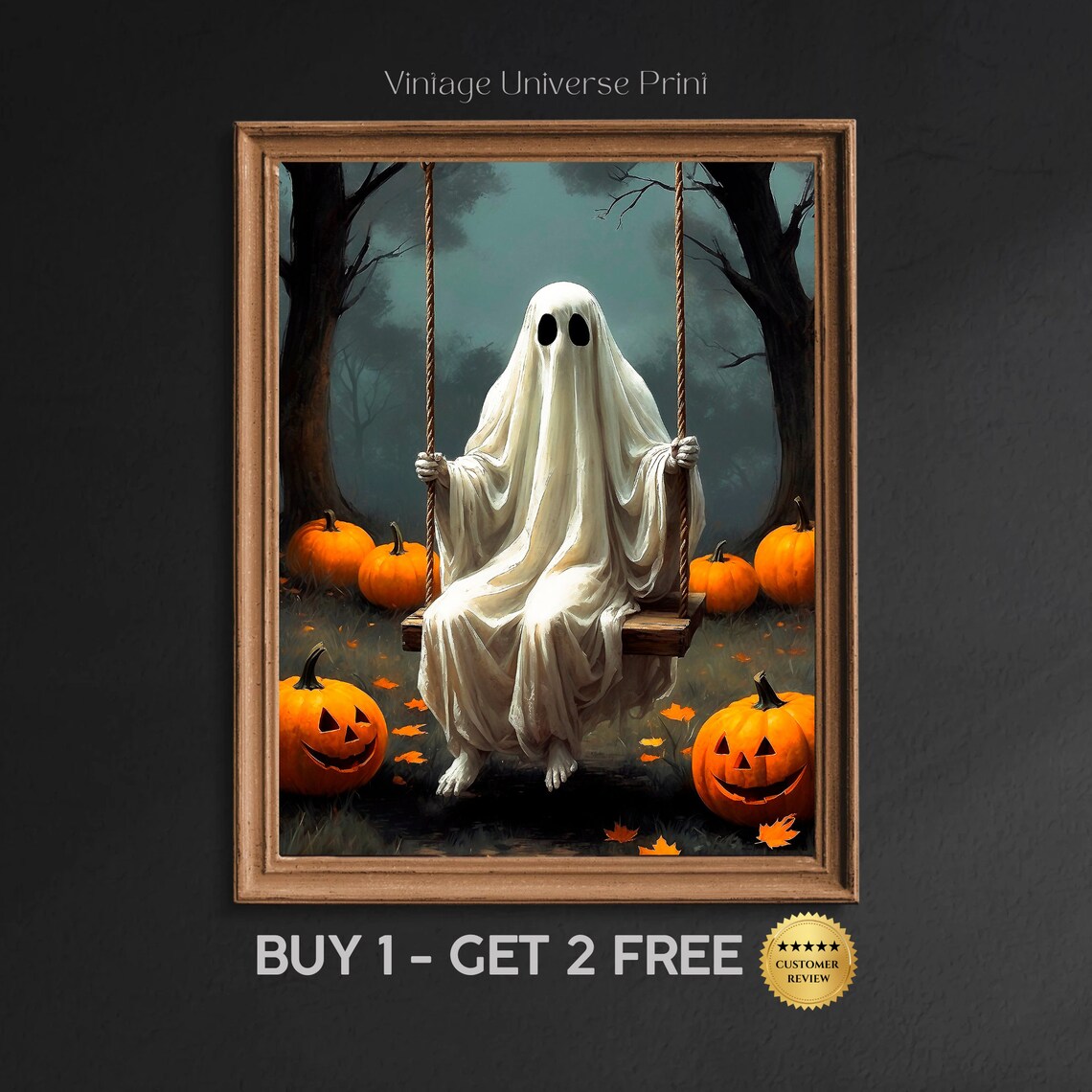 Ghost Sitting On A Tree Swing Surrounded By Jack O Lanterns Halloween Art Print