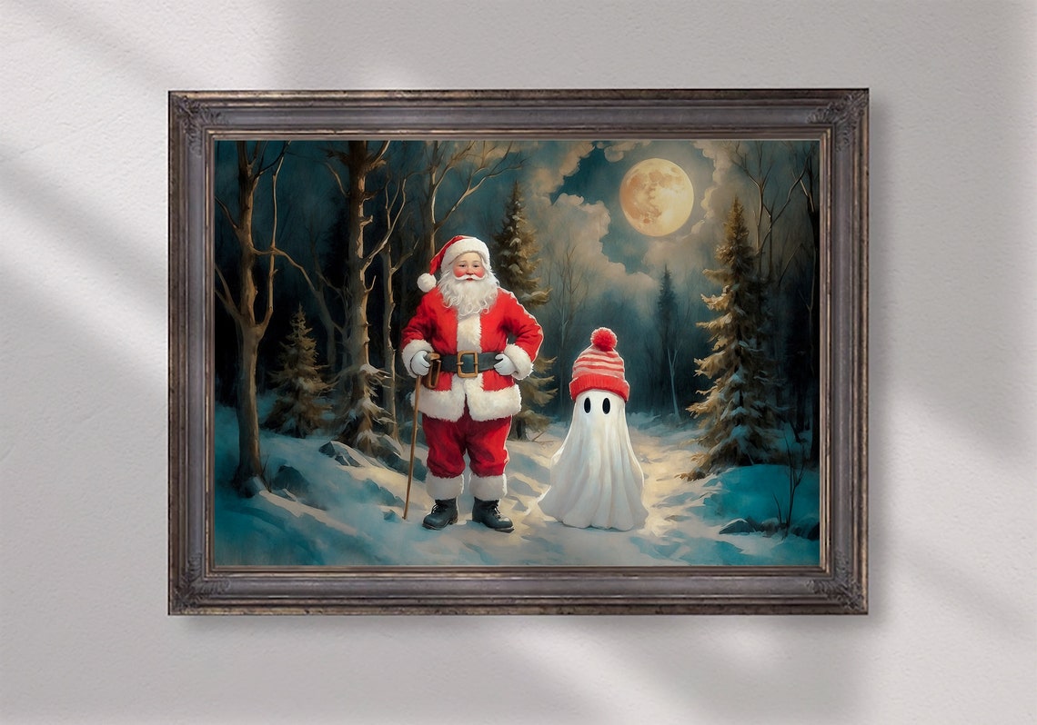 Ghost And Santa Claus In The Forest Landscape Vintage Painting Santa Claus Painting Christmas Wall Art Print Christmas House Decor 43 - Image 4