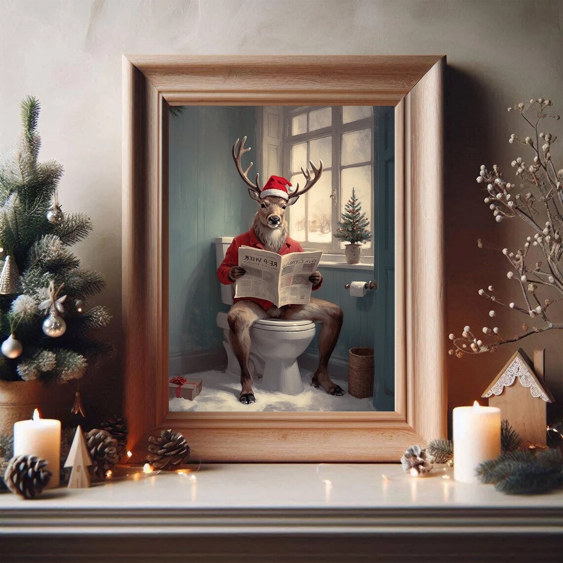 Funny Reindeer On Toilet Christmas Bathroom Humor Santa Hat Poster - Image 4