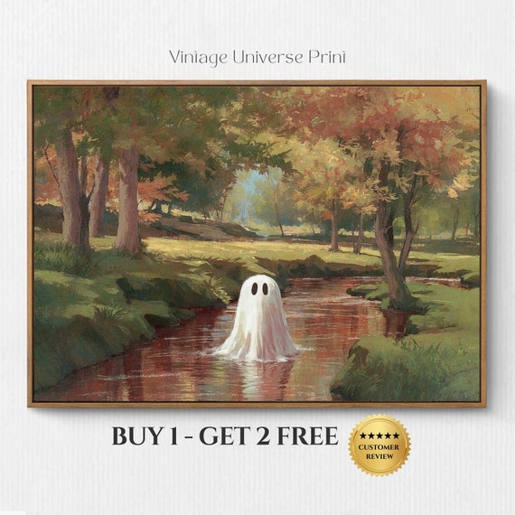 Ghost Fall Forest Landscape Oil Painting Cute Halloween Ghost Painting Fall Decor Vintage Landscape Art Autumn Spooky Painting Art