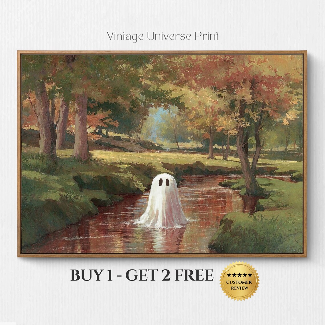 Ghost Floating In Autumn Stream Forest Vintage Halloween Wall Poster