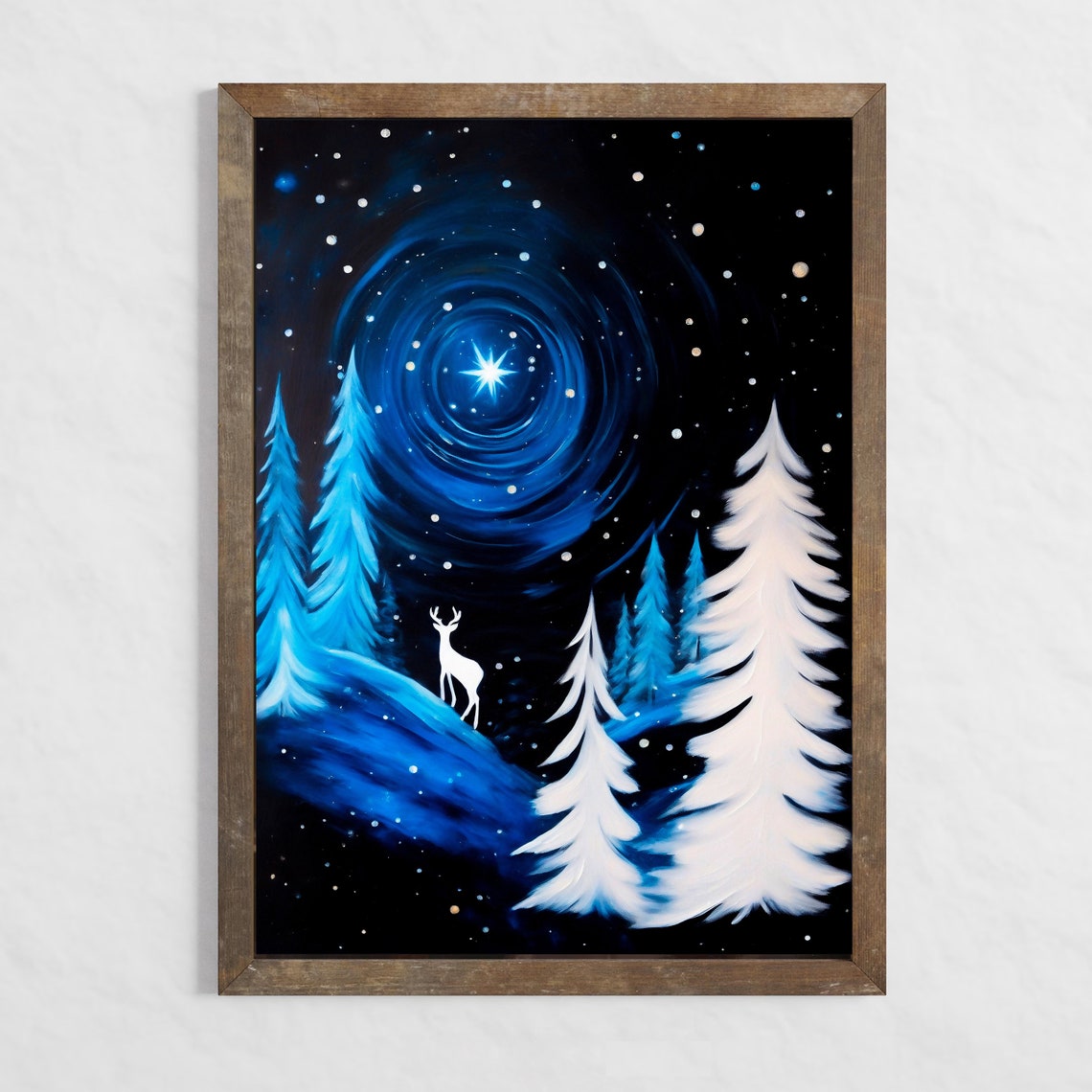 Starry Night Snowy Pines White Deer Glowing Star Winter Poster - Image 4
