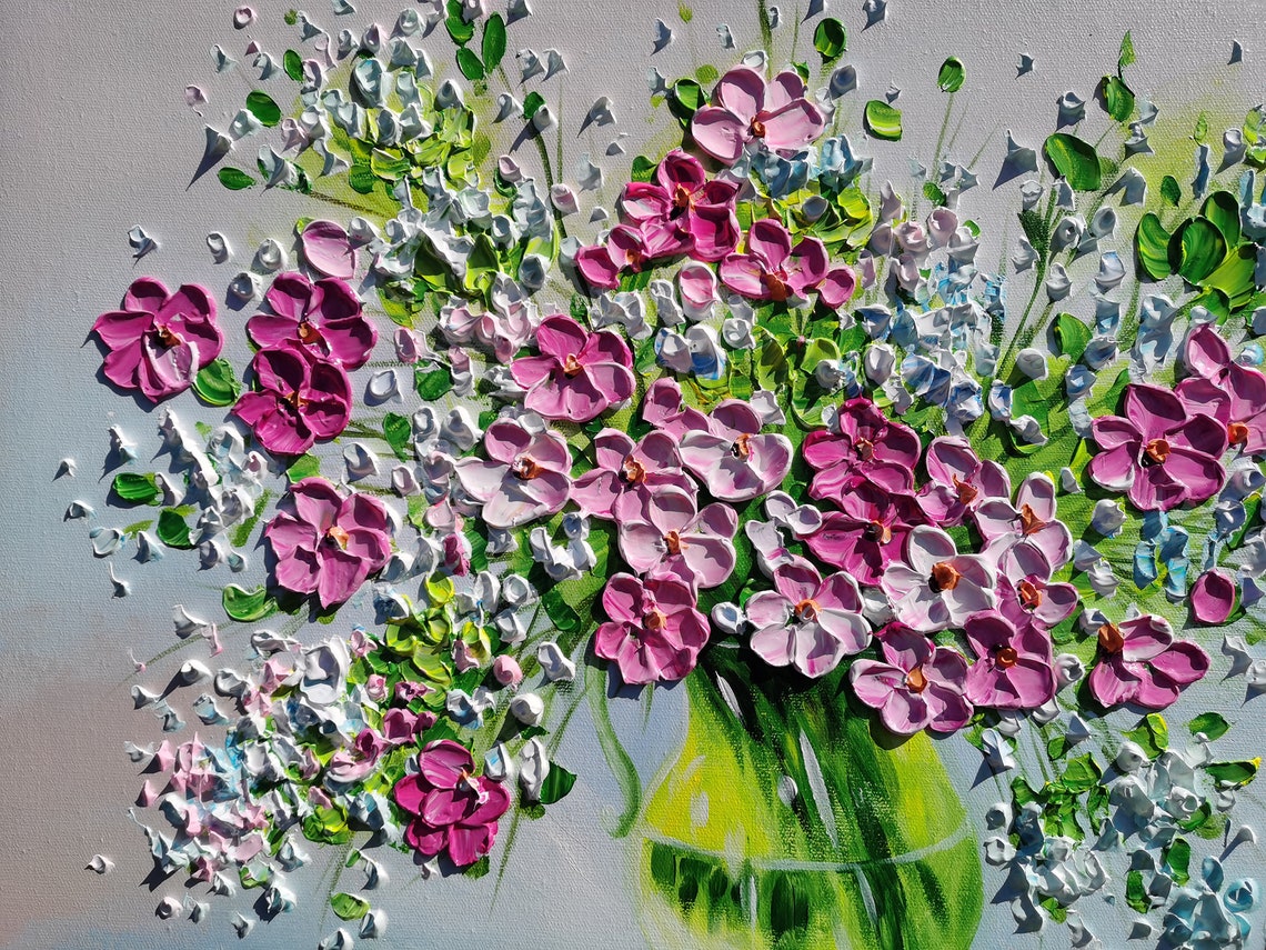 Pink Wildflowers Green Vase Impasto Floral Oil Painting Wall Art - Image 2