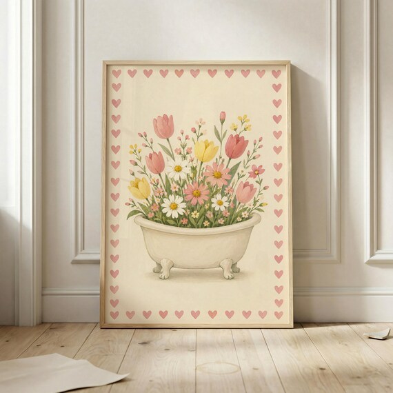 Vintage Bathtub Bouquet of Tulips With Pink Heart Border Poster