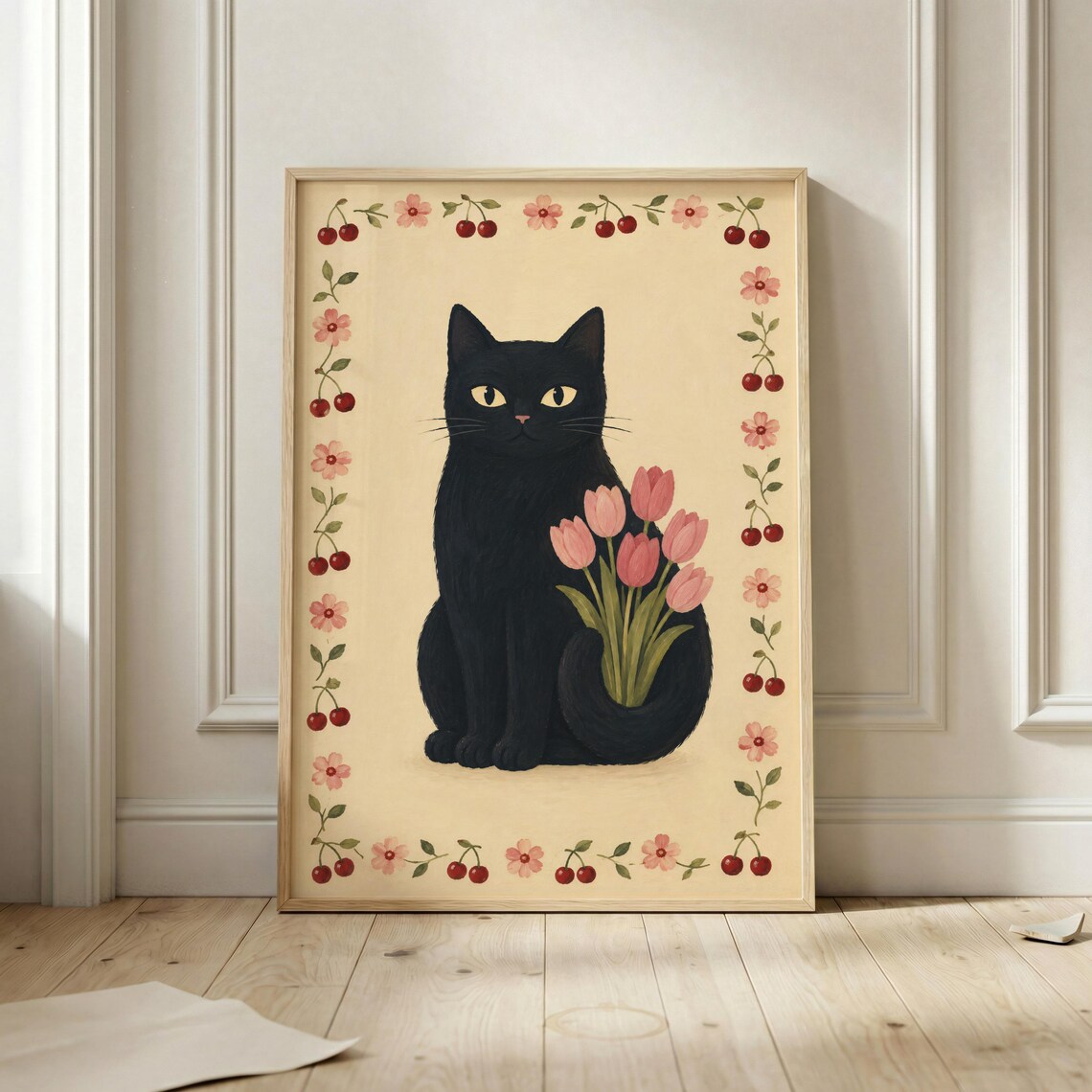 Black Cat Vintage Floral Poster, Whimsical Pet Gift