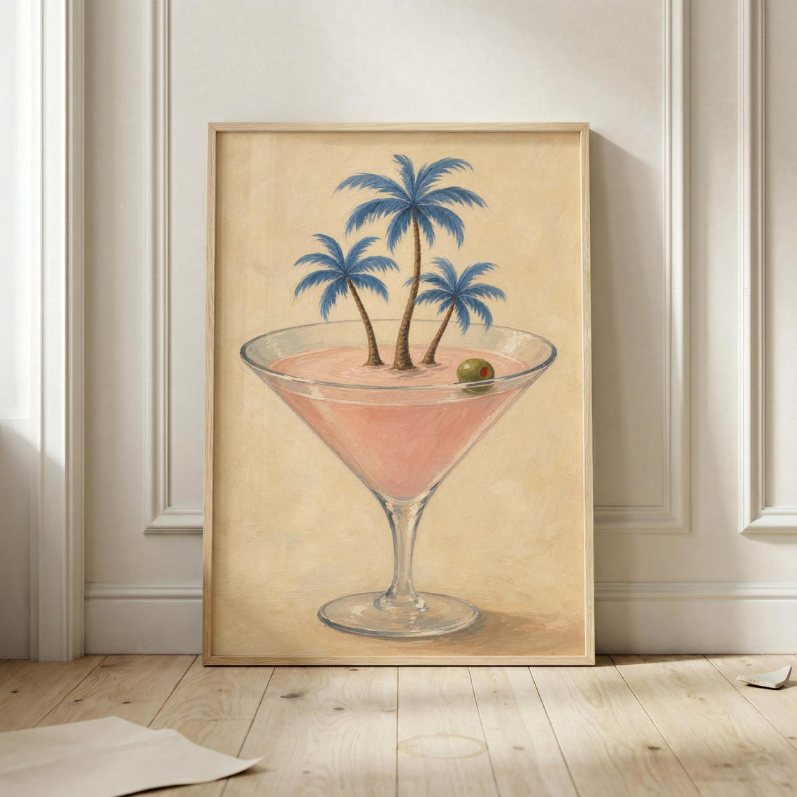 Pink Martini With Palm Trees Tropical Cocktail Surreal Wall Art