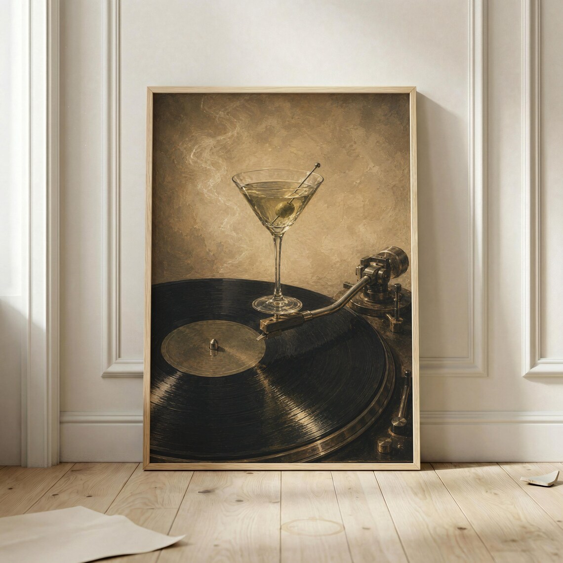 Vintage Martini Glass Vinyl Record Player Moody Cocktail Bar Art Poster