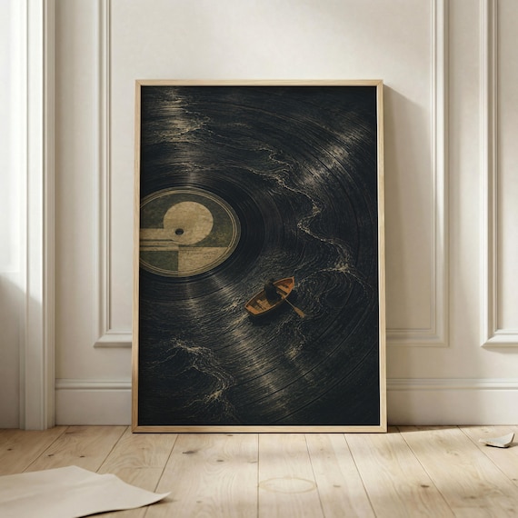 Surreal Vinyl Ocean Poster Dark Nautical Wall Art Row Boat Record Waves Print Moody Music Room Decor
