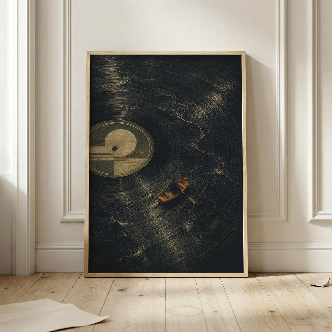 Surreal Vinyl Record Ocean Rowboat Night Dark Nautical Music Sail Poster
